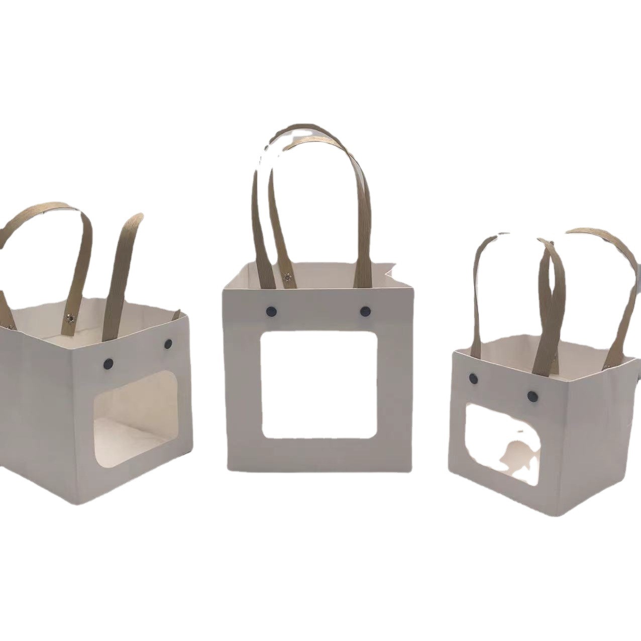 Bolso de mano con remache sonriente con ventana abierta transparente, caja de regalo de embalaje de vacaciones, joyería de juguete exquisita, bolsa de embalaje de plantas verdes al por mayor