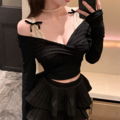 纯欲风假两件蕾丝拼接T恤女春秋季内搭甜辣一字露肩修身短款上衣