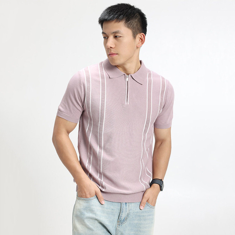 Polo camiseta camiseta de punto camiseta de manga corta camiseta de hombre solapa media cremallera rayas viejas líneas de viento de hielo de verano fábrica transfronteriza al por mayor
