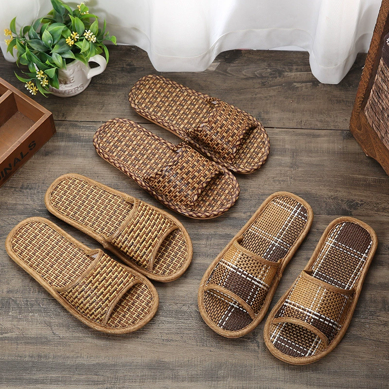  straw woven summer slippers, non-slip men's slide