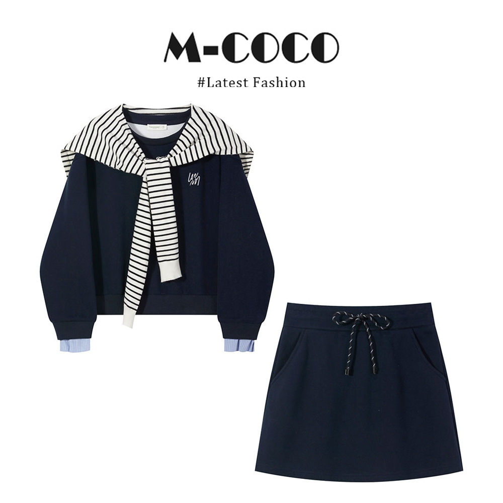 Early Autumn Wear Korean College Style Navy Blue Embroidered Long-Sleeved Sweatshirt Top Skirt Suit