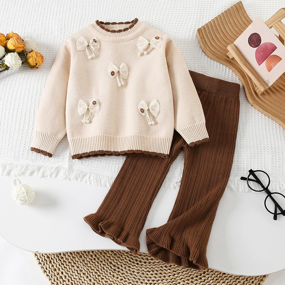Детский свитер, демисезонные брюки девочка, вязаный комбинезон, комплект, западный стиль, круглый воротник, корейский стиль