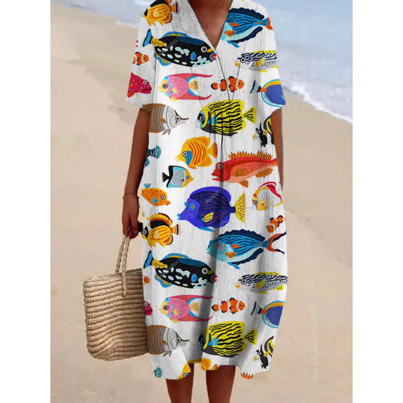 2025 Cross-Border Independent Site Shirt Dress Amazon Women's Casual Marine Life 3D Printed Long-Sleeve Dress for Women