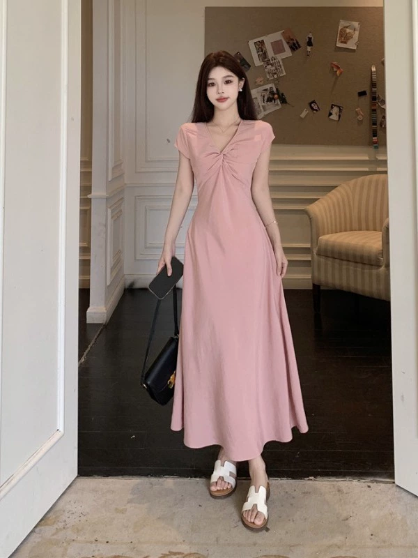 Летнее платье больших размеров, французское нежное платье с v-образным вырезом, розовое платье, женственная утягивающая юбка