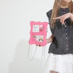 2024新款日系刺繡花邊豎款兒童小方包時尚個性女士鏈條單肩斜挎包