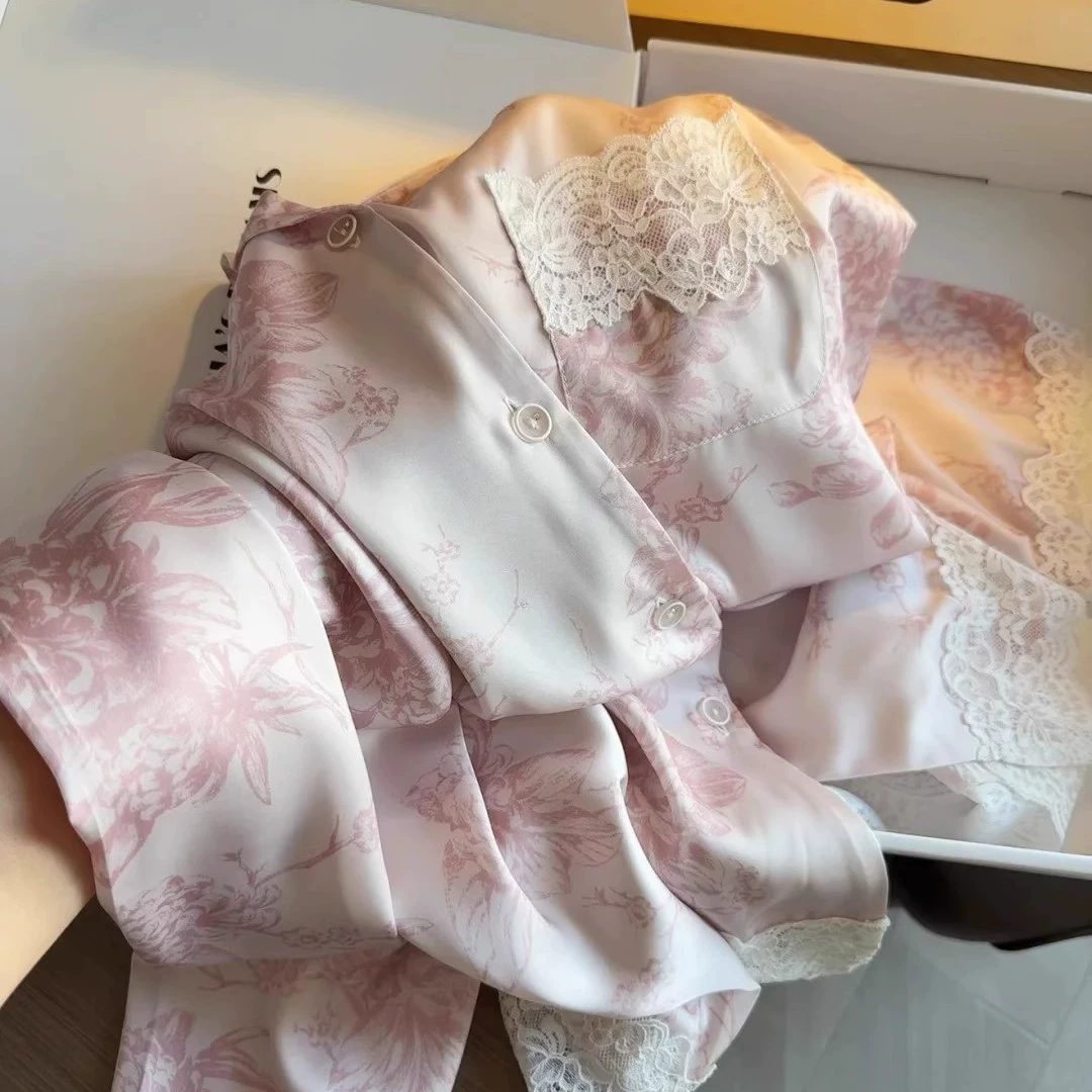 Женский пижамный комплект из шёлка с кружевом, весна–лето, французский стиль