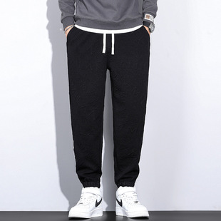 L630 | Plus size men's autumn and winter New letter jacquard casual pants men's simple loose stretch ankle-tied trousers