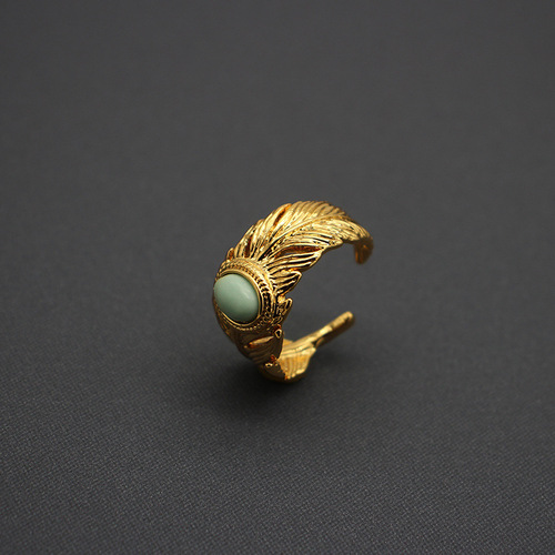 Qingdao Foreign Trade Jewelry Feather Turquoise Adjustable Ring C-shaped Earrings Copper Plated 18K Real Gold Niche European and American Style