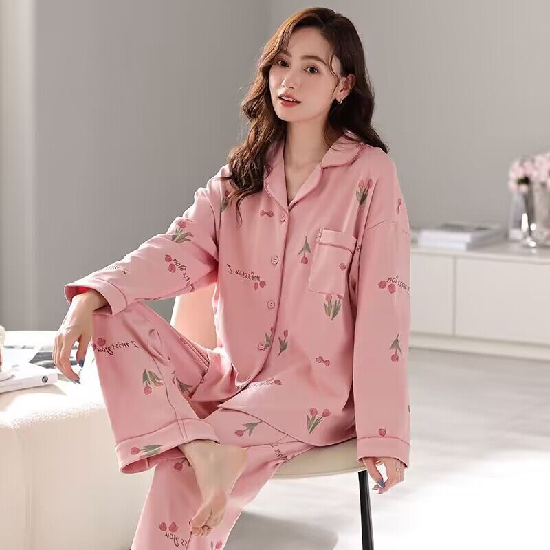 100% pijamas de algodón de las mujeres de primavera y otoño de manga larga suelta coreano lindo hogar desgaste traje de dos piezas desgaste exterior