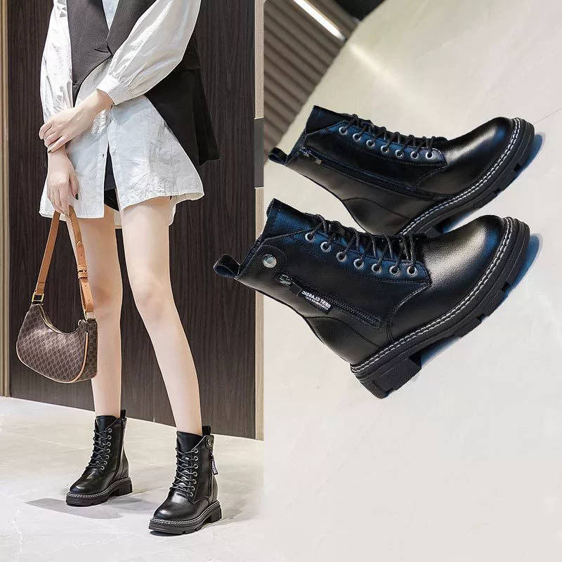 Женские ботинки Мартин из натуральной кожи на флисовой подкладке, осень 2025, на толстой подошве, увеличивающие рост, повседневные, стройнящие, с двойными боковыми молниями, для студенток.