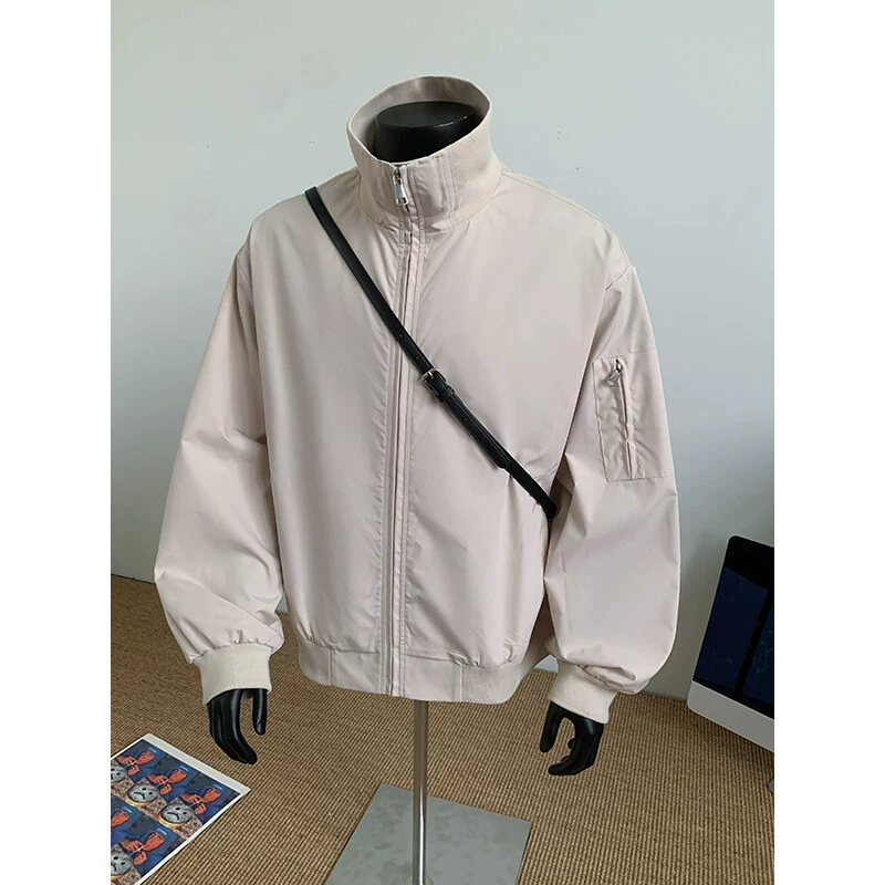 2025 весна новый сплошной цвет индивидуальность короткий дизайн воротник пилотная куртка мужской тренд