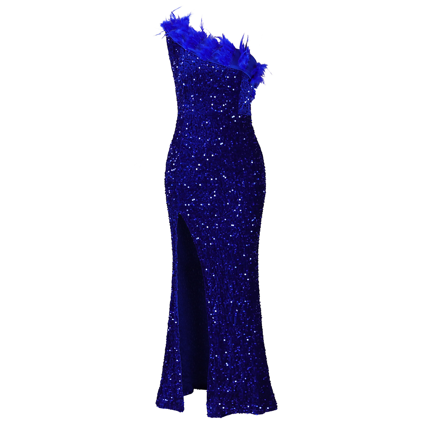 Women's Clothing women's summer sexy fashion feather oblique collar banquet dress skirt sequin slit long skirt_voghion.com