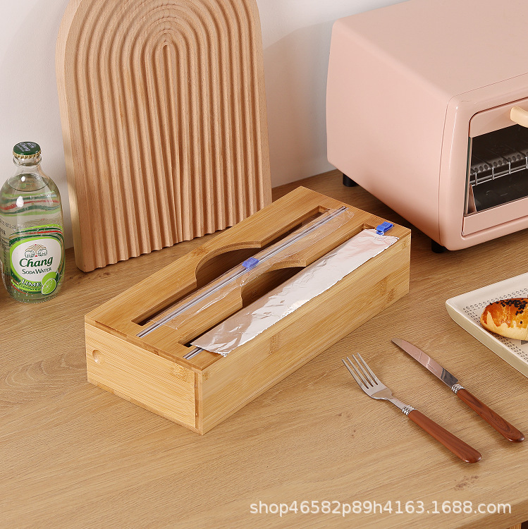 Cortador de papel de bambú caja de almacenamiento de envoltura de plástico caja de almacenamiento de cajón de cocina divisor de papel de cera montado en la pared