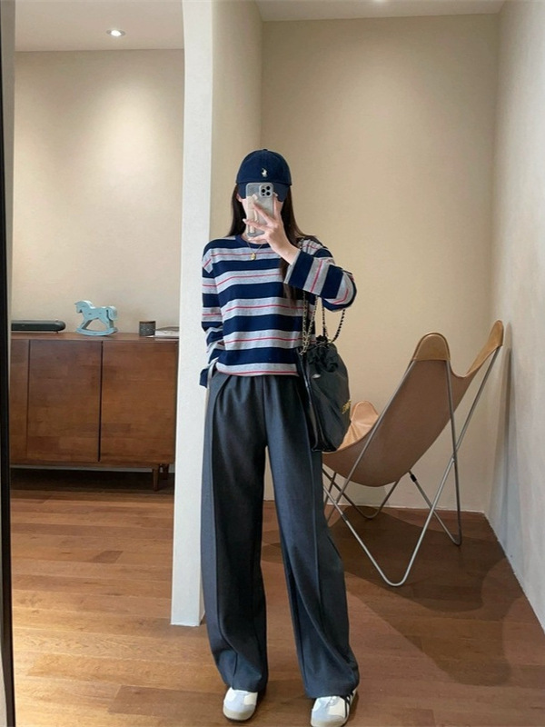 时髦纸片人棉质宽松百搭条纹圆领长袖T恤女秋季显瘦中长款打底衫|undefined