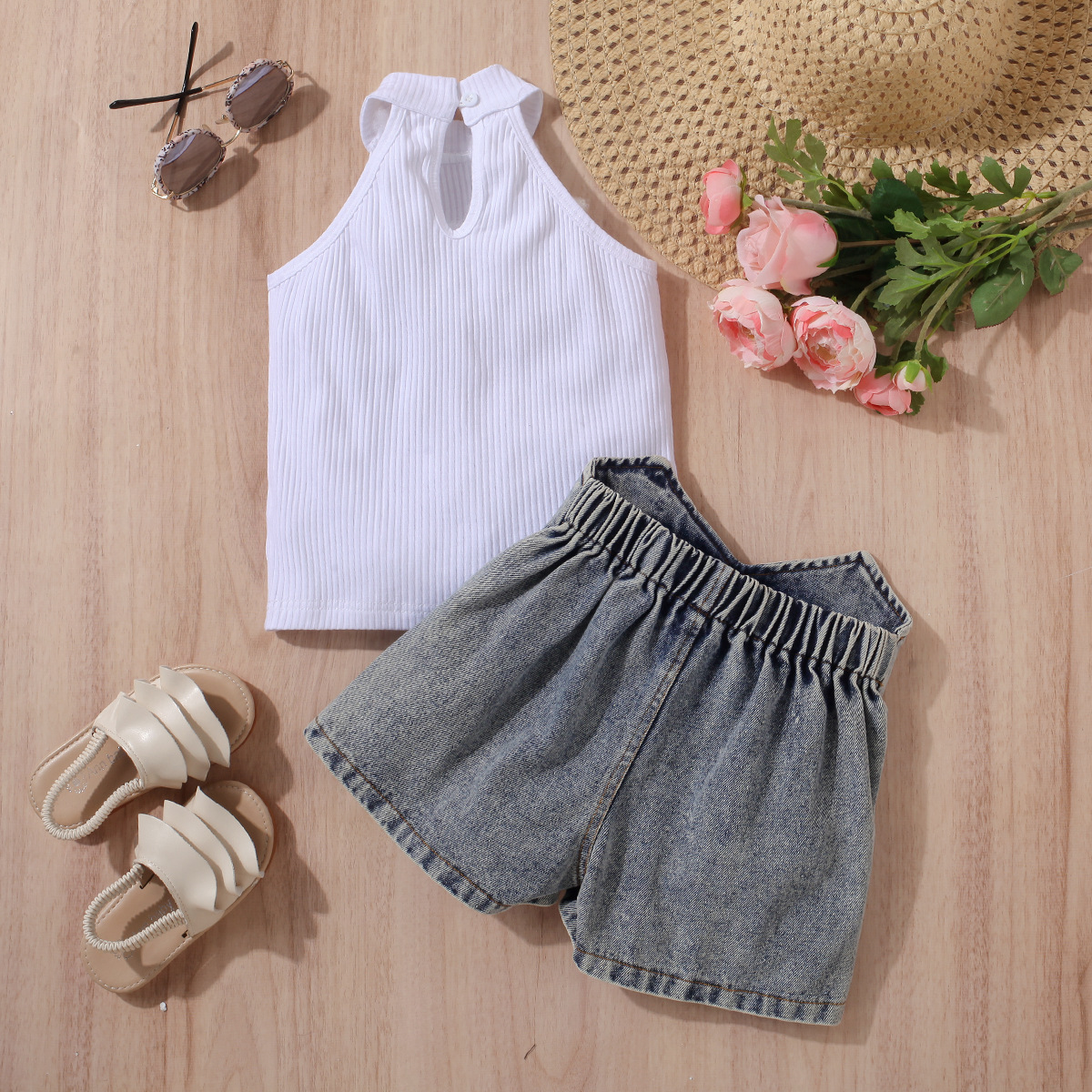 Halter Neck Neckline Casual Simple Style Solid Color Cotton Girls Clothing Sets