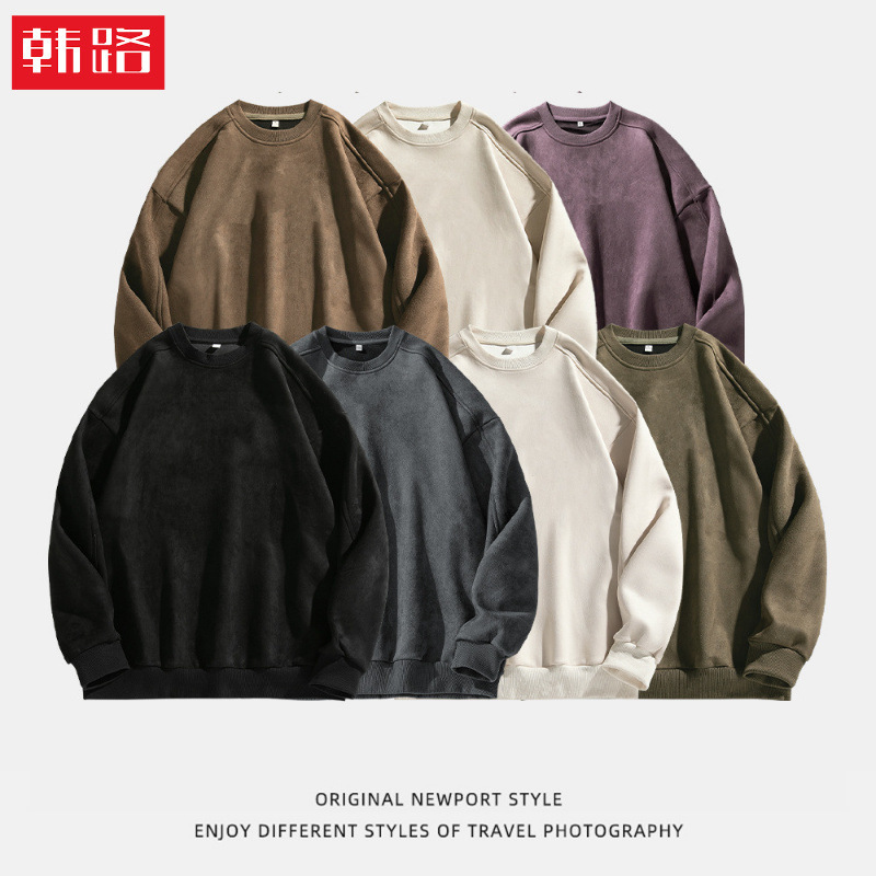 Texturized American Retro Suede Crewneck Sweater Men's Spring New Couple Hoodie Pullover Jacket Available for Two Open Texturized American Retro Suede Crewneck Sweater Men's Spring New Couple Hoodie Pullover Jacket Available for Two Open