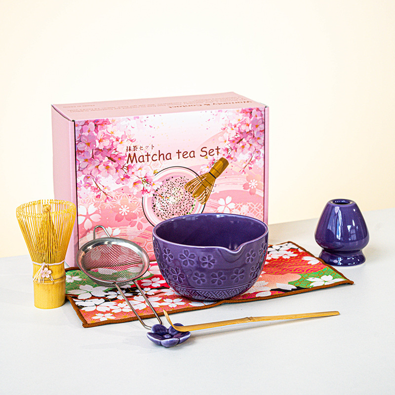 日本製抹茶茶器セット 桜ボウル 注ぎ口付き 8点セット フルセット カラーボックス ピンク付き|undefined