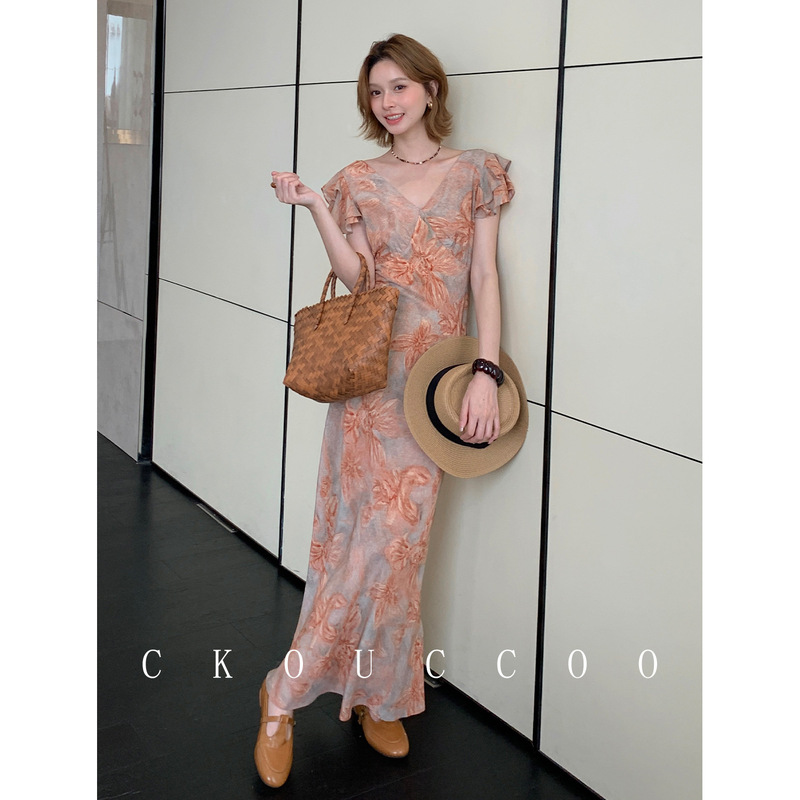 Rongtai Maldives Beach Vacation V-Neck Flutter Sleeve Silk Dress for Women Slim Fit Long Dress