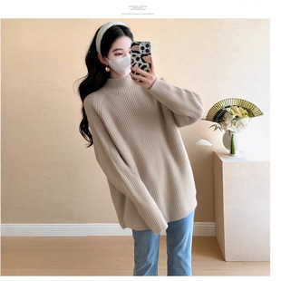 Pregnant Women's Large Plate Sweater Autumn and Winter New Style Set Collar Thickened Base Shirt Loose plus size Pregnant Women's Knitted Shirt Top