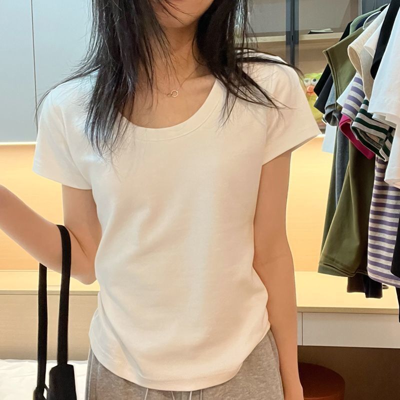 正肩u领棉上衣女夏季新款百搭短袖t袖修身显瘦设计感小众打底衫|undefined