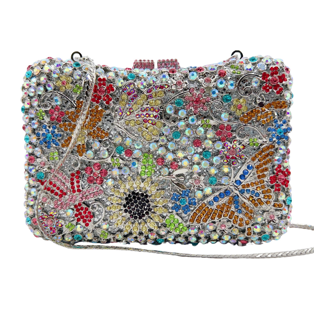 Túi clutch dạ hội đính đá kim cương hoa khoét lỗ, túi xách tay Crystal Clutch — Màu tím, Màu vàng kim, Màu bạc, Màu đen chi tiết 5