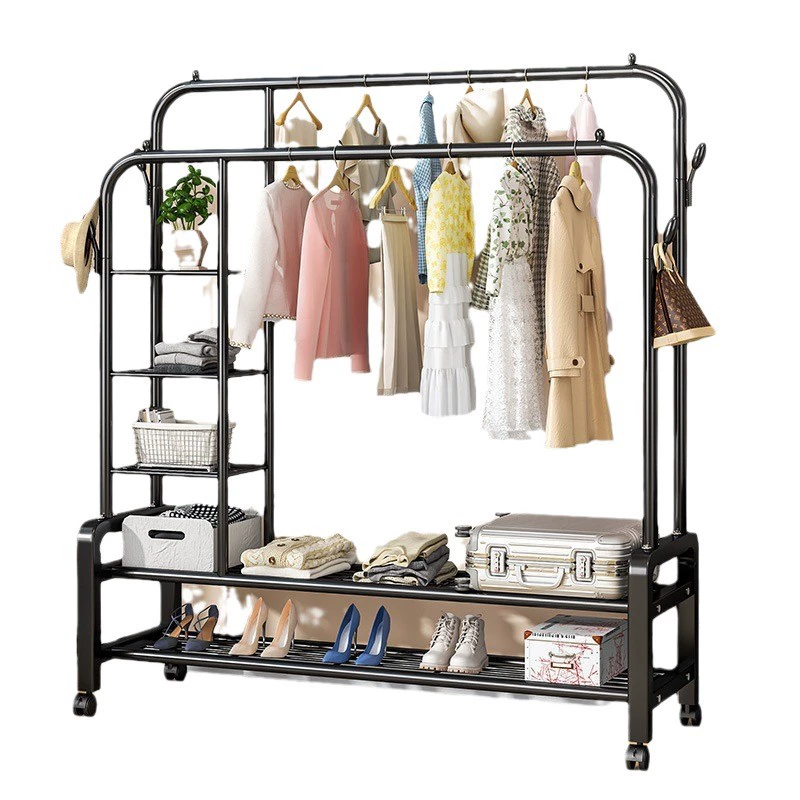 Simple indoor drying rack with double-row, adjustable height and wheels, space-saving hanger stand