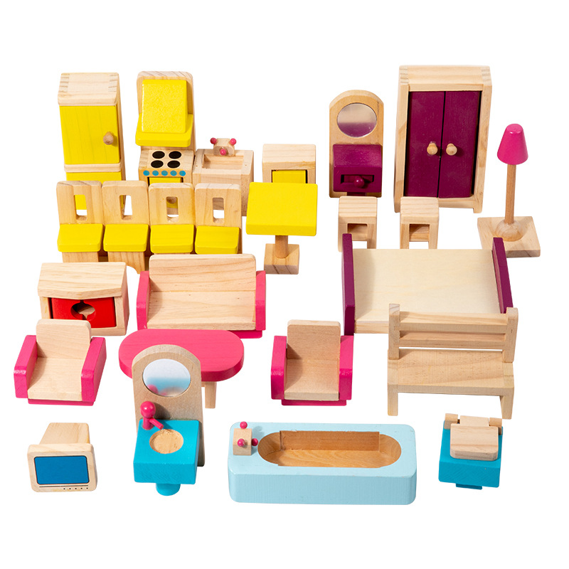 Divertido juguete de juego para niños 26 piezas de pequeños juegos de muebles mini muebles de madera simulación dormitorio cocina sala de estar