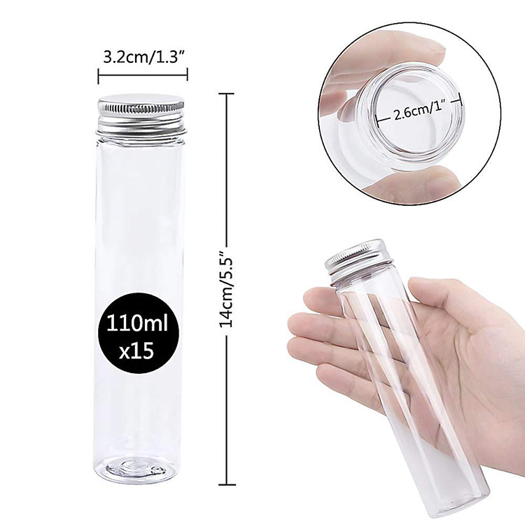 Fabricante en stock 110ml plata cubierta de aluminio transparente PET tubo de ensayo botella máscara botella caramelo tubo de ensayo cable de datos tubo de ensayo