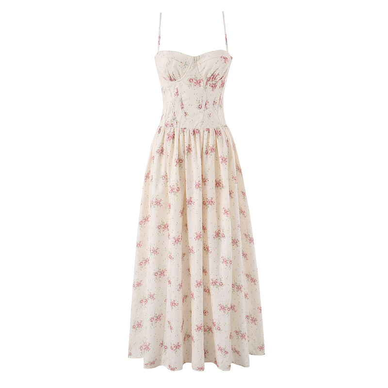 Pb&Za New Product Holiday Style Retro French Rose Print Long Sun Dress That Flatters the Figure and Is a Strapless Dress