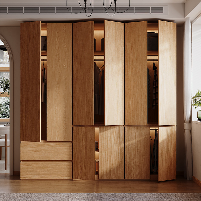 All Solid Wood Oak Wardrobe Bedroom Home Nordic Log Style Segmented One-Door to Top Large Wardrobe Storage Cabinet