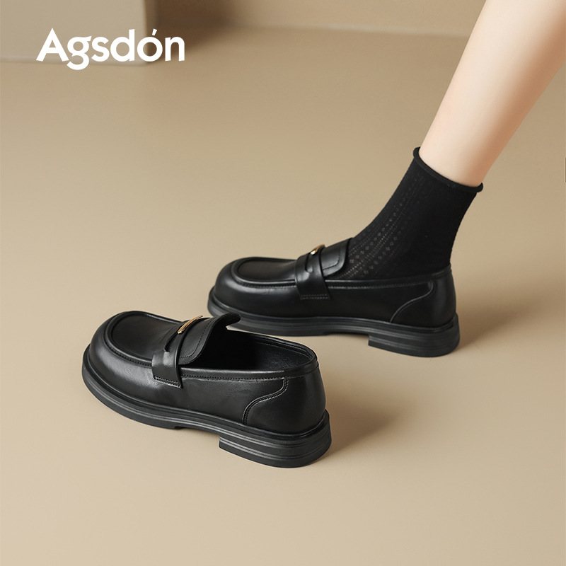 Augu Shi Deng zapatos de cuero negro para mujeres 2026 nuevo estilo de primavera británico tacones gruesos Lefour zapatos de sola suave