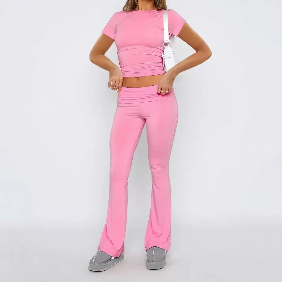 2025跨境欧美亚马逊新款休闲风低腰喇叭裤时尚显瘦纯色裤套装女