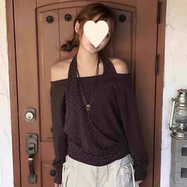 设计感波点长袖T恤女秋季新款露肩修身显瘦上衣