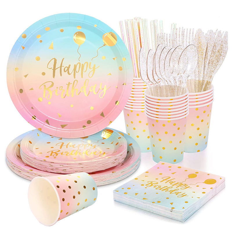 Factory Color Bronzing Disposable Paper Tray suit Wholesale Cross-border Party Supplies Birthday Cake Decorative Tableware