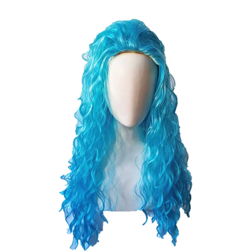 European and American Cross-Border Anime Wig Blue Tube Small Curly Cosplay Wig Descendants 4Chloe Medium-Length Curly Headgear