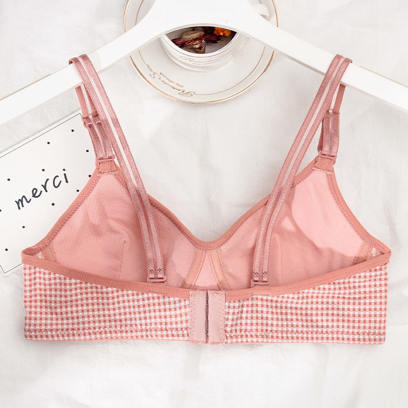 Japanese-style Thin Girls' Underwear Without Steel Rings Small Chest Gathered Students Developmental Flat Chest Sweet Plaid Bra suit