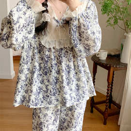 批发货源 韩系花色简约花边睡衣套装休闲家居服