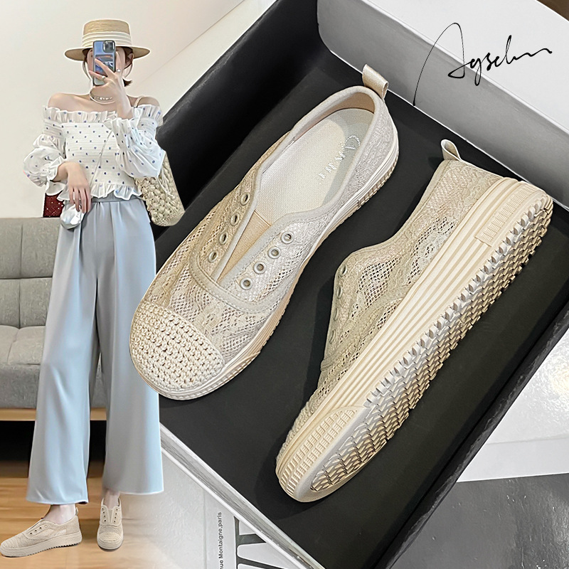 Augusto tejido pescador zapatos para mujeres 2023 verano nuevo estilo Chanel encaje hueco adelgazamiento zapatos de lona moda