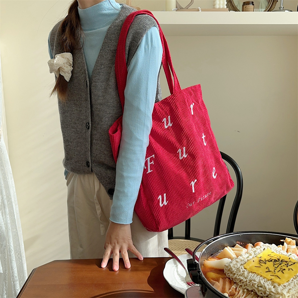 310262 embroidered letter future corduroy single-shoulder Maillard color hand-held canvas bag Women's tote bag undefined