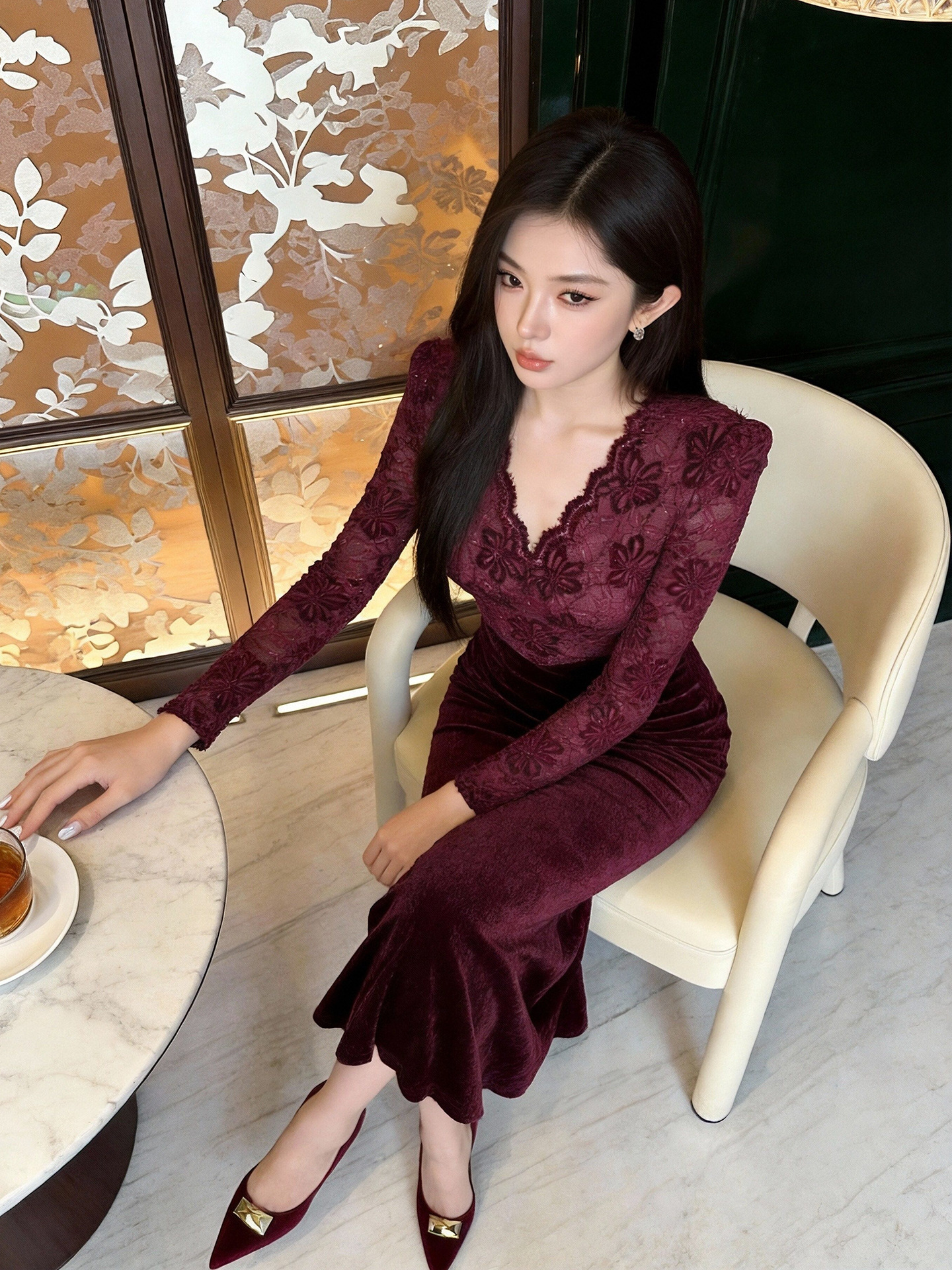 Váy ren đuôi cá thắt eo kiểu Pháp, phong cách thuần khiết gợi cảm — Màu tím Berry
