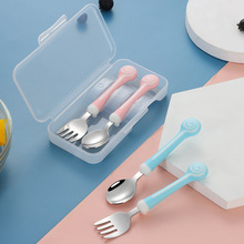 304不锈钢勺子儿童学吃饭训练勺子叉自主进食饭婴儿餐具套装批发