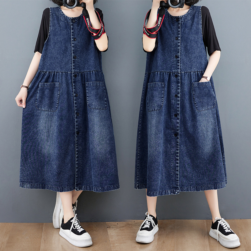Denim autumn demi-season retro dress with a round collar
