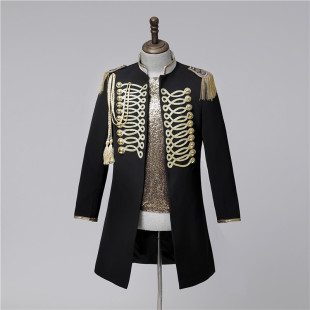 Cross-Border Male Singer's Mid-Length Double-Breasted Fringed Stage Court Costume for Studio Photography, Slim-Fit Rock Costume