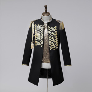 Male black with gold singer jazz dance England style mid-length coat magician host groomsman double-breasted tassel stage court dress suit photo studio photography clothing
