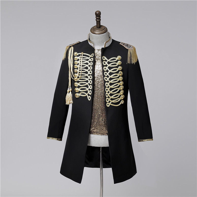 Male black with gold singer jazz dance England style mid-length coat  magician host groomsman double-breasted tassel stage court dress suit photo 