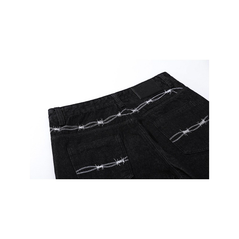 Original black stiff denim with thorn wire mesh around the back waist, white slightly flared loose-fit jeans for daily commuting Original black stiff denim with thorn wire mesh around the back waist, white slightly flared loose-fit jeans for daily commuting
