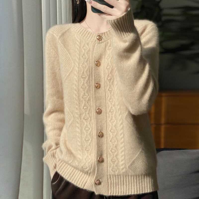 Round Neck 100 Pure Wool Cardigan Women's Long-Sleeved Loose Slimming Twisted Sweater Knitted Sweater Lazy Style Cashmere Jacket