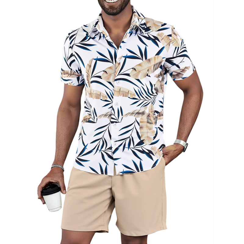하와이 남자 정장 여름 휴가 해변 캐주얼 반팔 반바지 셔츠 투피스 세트 느슨한 대외 무역 도매