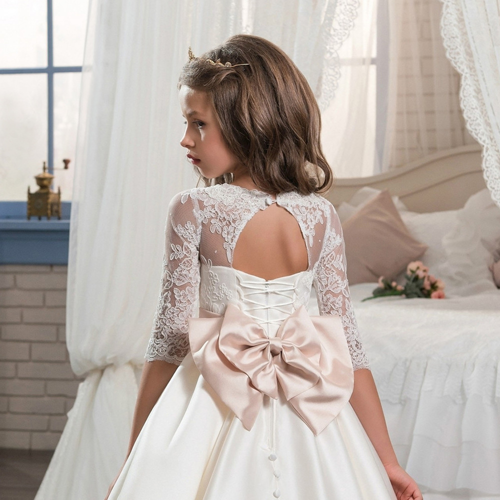 Nueva frontera europea y americana retro satén flor niña vestido de novia diamante encaje arco encaje largo pettiskirt