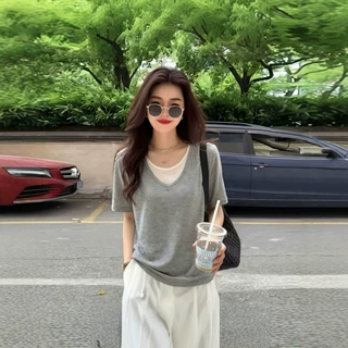 韩系灰色假两件拼接v领短袖T恤女夏季设计感小众薄款宽松休闲上衣